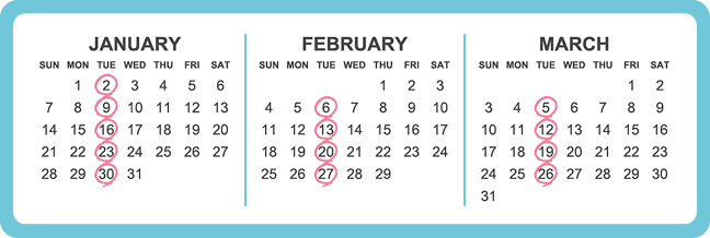 3ヶ月間のカレンダー